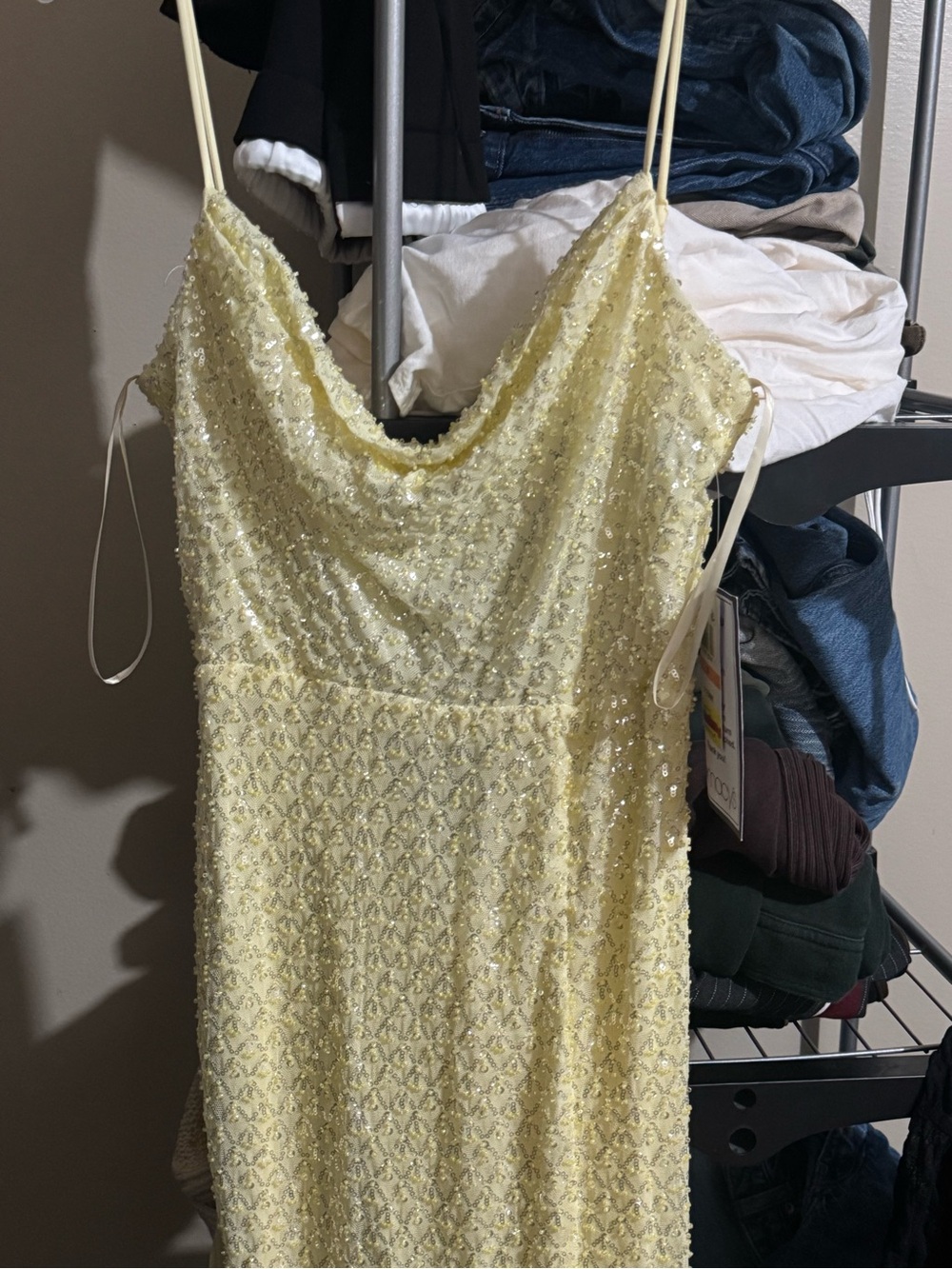 Darling Pale Yellow Sequin Cowl Neck Slip Dress